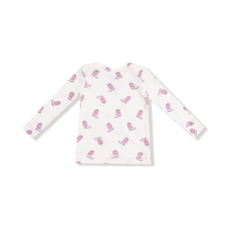 Angel Dear Long Sleeve Loungewear Set - Petite Cowgirl Boots
White long-sleeve shirt with pink pattern on a white background
