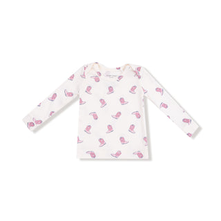 Angel Dear Long Sleeve Loungewear Set - Petite Cowgirl Boots
White long-sleeve shirt with pink pattern on a white background