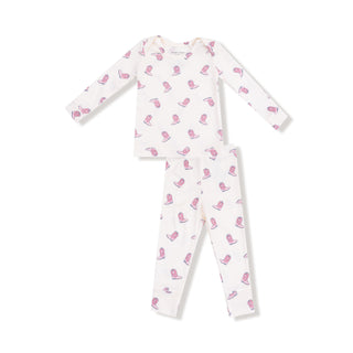 Angel Dear Long Sleeve Loungewear Set - Petite Cowgirl Boots
White baby onesie with pink boot print on a white background