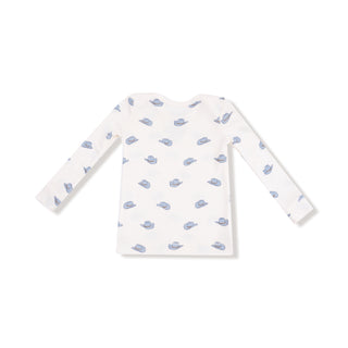 Angel Dear Long Sleeve Loungewear Set - Petite Cowboy Hats
White long-sleeve shirt with blue whale pattern on a white background