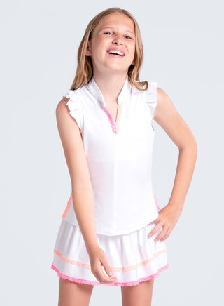 White Lucky In Love girls' lace frill tank top with delicate ruffle details and a soft, lightweight fabric.