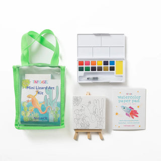 Tiny Easel Mini Art Kit - Lizard
Mini lizard art kit with watercolor paper pad, color swatch, and easel on a white background