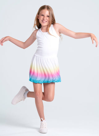 Lucky In Love Nova Bubble Dress in multi-color with a fitted bodice and puffy sleeves, showcasing a playful, vibrant design.