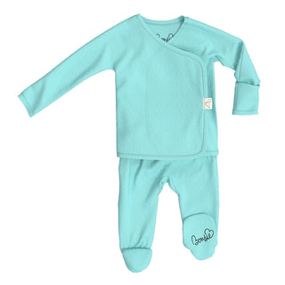Bonsie Footie - Tiny Tide
A baby sleep suit set in mint green, featuring a long-sleeve wrap-style top and matching footed pants, shown on a plain white background.