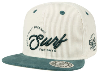 BinkyBro Kids Coffee Bay Hat White and green cap with 'Surf for Days' text on a white background