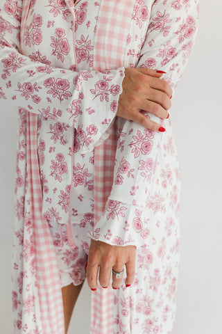 In My Jammers Blush Rose Garden Women's Robe
White dress with pink floral and checkered patterns on a white background