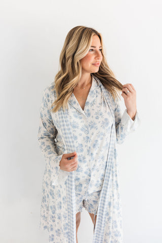 In My Jammers Blue Rose Garden Women's Robe
Woman wearing a floral robe against a white background