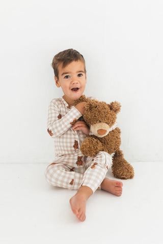 In My Jammers Teddy Gingham zipper romper pajamas, soft fabric with a playful plaid pattern, featuring a front zipper and cozy fit.