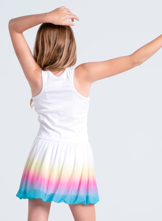 Lucky In Love Nova Bubble Dress in multi-color with puff sleeves and a fitted waist, displayed on a mannequin.