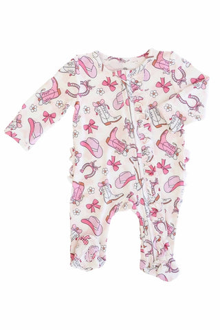 Caden Lane Rodeo Dreams Pink ruffle zipper footie for babies, soft pink fabric with ruffle details and zipper closure.