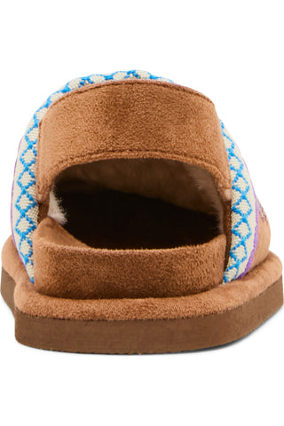 Steve Madden Toddler Chip Faux Suede Clog - Cognac Multi
A close-up rear view of a slip-on mule shoe featuring a brown suede-like upper, a plush brown interior, and a blue, white, and purple geometric patterned side panel, set against a plain white background.