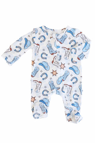 Caden Lane Rodeo Dreams Blue zipper footie for babies, featuring a playful blue rodeo-themed pattern and soft fabric.
