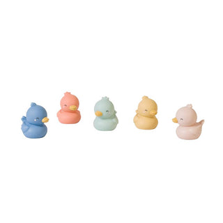Kalencom Swimming Ducks Bath Toys
Five colorful rubber duckies in a row on a white background
