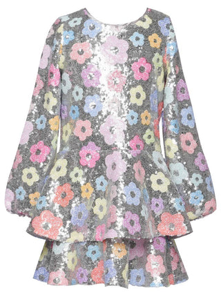 Baby Sara Flower Sequin with Tiered Skirt Long Sleeve Dress
Floral patterned dress with long sleeves on a white background