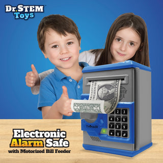 Dr. Stem Electronic Alarm Safe
A children's electronic alarm safe toy by Dr. STEM Toys, shown with two children giving thumbs up against a blue background.