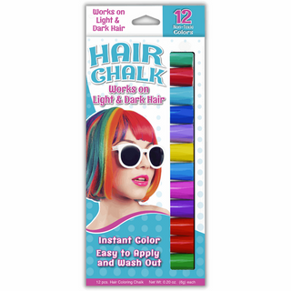 Hair Coloring Chalk - 12 Pack Set
Packaging of hair chalk with colorful options and a model wearing multicolored hair.