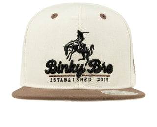 BinkyBro Kids Payson Hat
White cap with brown brim featuring a logo and text on a white background