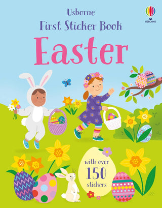 First Sticker Book Easter: An Easter and Springtime Sticker Activity Book
Usborne First Sticker Book Easter with children in bunny and chick costumes, Easter eggs, and flowers on a blue sky background.