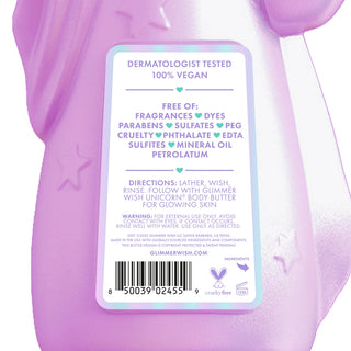 Glimmer Wish Unicorn Body Wash - Fragrance Free & Dye Free
The back of a purple body butter bottle with a white and purple label, showing product details, a barcode, and a claw hammer icon on a purple background.