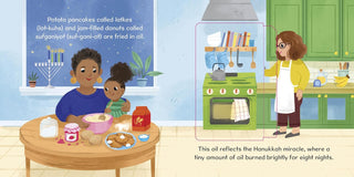 First Festivals: Hanukkah: A Lift-the-Flap Book Board Book
Illustration of a family in a kitchen preparing latkes and sufganiyot for Hanukkah.