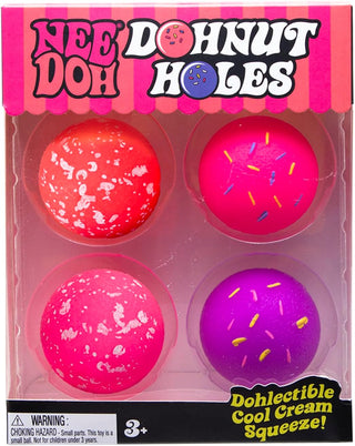 NeeDoh Teenie Dohnut Hole 4 Pack
Packaging of Nee Doh Donut Holes with colorful donut-shaped toys.