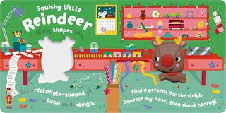 Squish 'n' Squeeze Reindeer! Board Book
Children's book cover with a reindeer and various toys on a green background