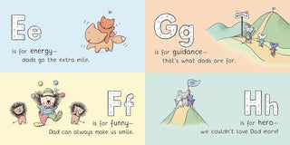 Penguin Random House ABCs of Love for Dad (Books of Kindness) Board Book
Children's book page with alphabet letters Ee, Gg, Ff, and Hh, each with a corresponding illustration and text about fathers.