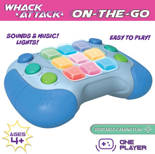 Whack Attack On-The-Go - Flashing Handheld Game
Toy gaming controller with colorful buttons on a pink background, featuring text about sounds, music, lights, and ease of play.