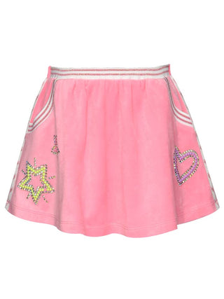 Baby Sara Pink Velour Skirt with Rhinestone Detail
Pink skirt with decorative elements on a white background