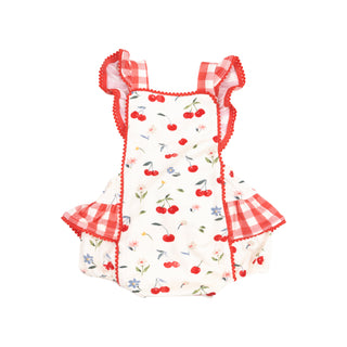Angel Dear Gingham Ric-Rac Ruffle Sunsuit - Watercolor Cherries