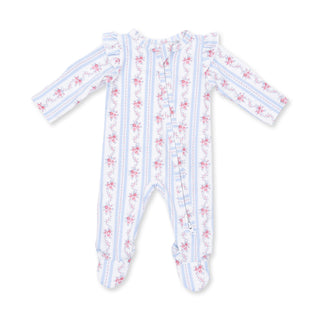 Angel Dear 2-way ruffle sleeve zipper footie in Anna floral stripe, soft baby one-piece with floral and stripe pattern.