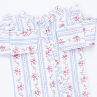 Angel Dear 2-way ruffle sleeve zipper footie in Anna floral stripe, soft baby romper with floral and stripe design, cozy and cute.