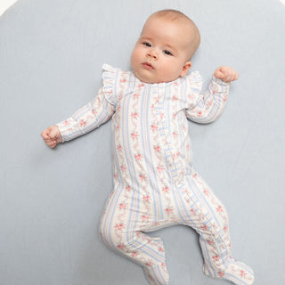Angel Dear 2-way ruffle sleeve zipper footie in Anna Floral Stripe, soft baby onesie with floral and stripe pattern, comfortable and cute.