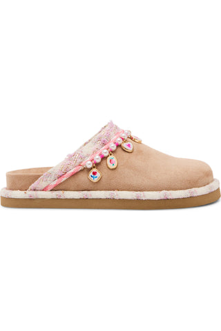 Steve Madden Kid's Leigh Slip-On - Taupe
A single slip-on mule slide shoe in light beige suede, featuring a pink floral lace trim, a white faux-fur collar, and decorative pink beads with small heart charms on the strap, set against a plain white background.