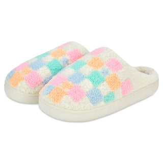 Iscream Pretty Smile Check slippers in a light-colored check pattern with a playful smile design