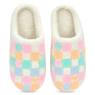 Iscream Pretty Smile Check slippers with a colorful checkered pattern and smile design, top view