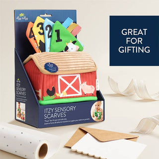 Itzy Ritzy Itzy Sensory Scarves™ Pull-And-Take Toy - Farm Friends
Itzy Sensory Scarves packaging with colorful scarves and educational elements, on a light background.