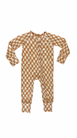 In My Jammers Taupe Wavy Checkered Zipper Romper