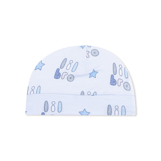 Angel Dear Beanie - Lil Bro
Baby hat with blue text and star patterns on a white background