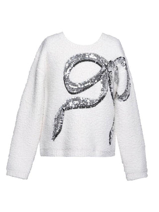 Hannah Banana Knit Pullover Sweater with Sequin Embroidered Bow
White sweater with a large sequin bow on a white background