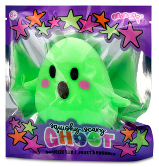 Iscream Ghost Squeeze Toy
A packaged squishy toy shaped like a cartoon ghost, shown inside a clear plastic bag with a purple printed sleeve. The ghost is bright neon green with black eyes and mouth and pink cheeks.