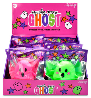 Iscream Ghost Squeeze Toy
A retail display box filled with sealed packages of squishy scary ghost squeeze toys. The display box and individual bags are bright pink and purple with colorful star and ghost graphics.