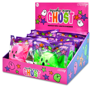 Iscream Ghost Squeeze Toy
A retail display box filled with individually wrapped squeezable toy ghosts. The packaging is bright pink and blue with colorful star and ghost illustrations, and the visible toys include pink, green, and light blue versions.