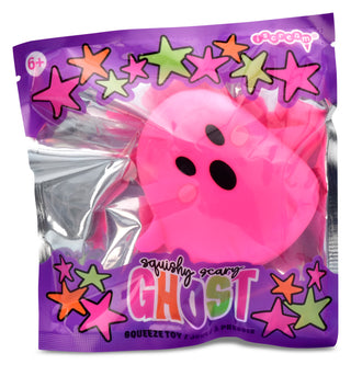Iscream Ghost Squeeze Toy
A pink squishy ghost squeeze toy inside a purple and silver bag with colorful star graphics and the text 'squishy scary GHOST'.