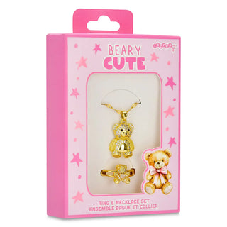 Iscream Bear Charm Necklace & Ring Set
Gold teddy bear ring and necklace set in pink packaging with 'Beary Cute' text.