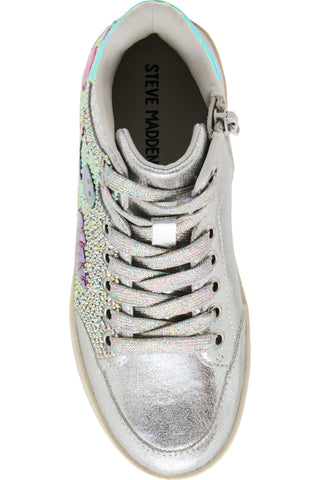 Steve Madden Kid's Delight High Top Sneaker - Silver
A top-down view of a Steve Madden sneaker in metallic silver with iridescent glittery side panels, silver laces, and a side zipper.