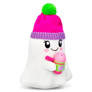 Iscream Ghost-acino Plush
White plush toy with a pink hat and green pom-pom, holding a pink and green toy, on a white background