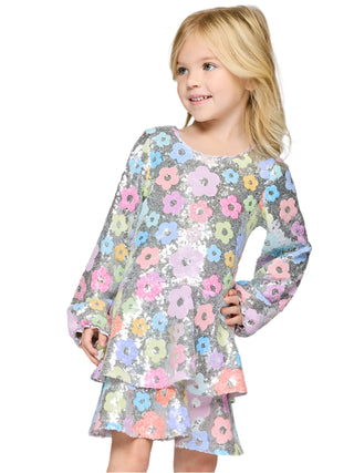 Baby Sara Flower Sequin with Tiered Skirt Long Sleeve Dress
Young girl wearing a floral dress with a gray background