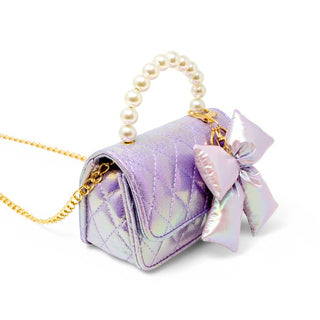 Zomi Gems Shiny Quilted Fluffy Bow Handbag - Purple
Purple and white marbled handbag with a bow and pearl handle on a white background