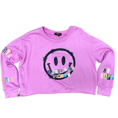 FBZ Good Vibes Only Smiley Pink Crop Sweatshirt, Flowers By Zoe, cf-size-5, cf-size-large-10-12, cf-size-medium-8-10, cf-size-small-7-8, cf-type-shirts-&-tops, cf-vendor-flowers-by-zoe, FBZ, 